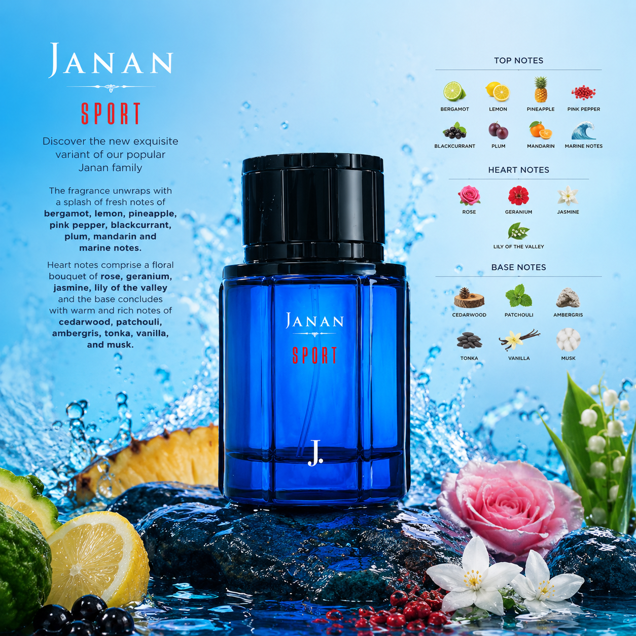 J. Janan Sport Eau de Parfum Spray Regular Size 3.4 fl oz J Dot