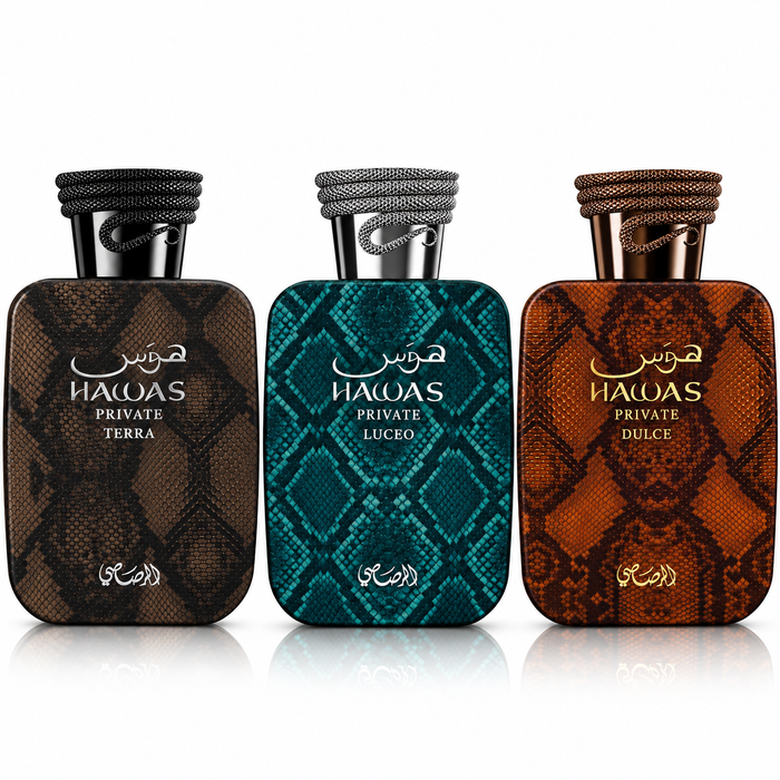 Rasasi Hawas Private Collection Luceo Terra Dulce Extrait de Parfum bottles