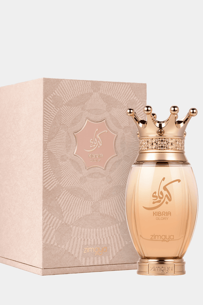 Kibria Glory by Zimaya 100 ml bottle beside its blush pink patterned gift box