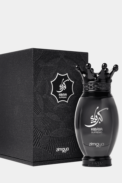 Kibria Supremo by Zimaya 100 ml bottle beside its black embossed gift box