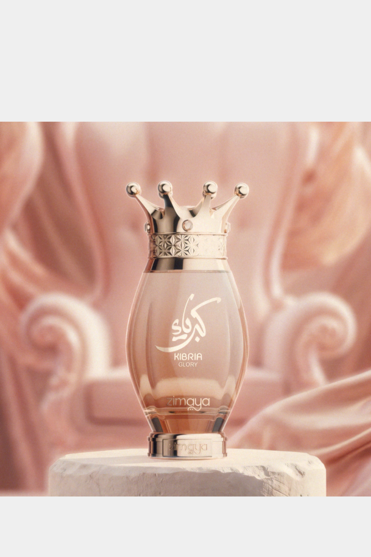 Kibria Glory by Zimaya bottle styled on soft pink fabric