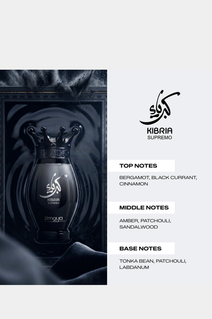 Kibria Supremo by Zimaya fragrance note card listing top, middle and base notes