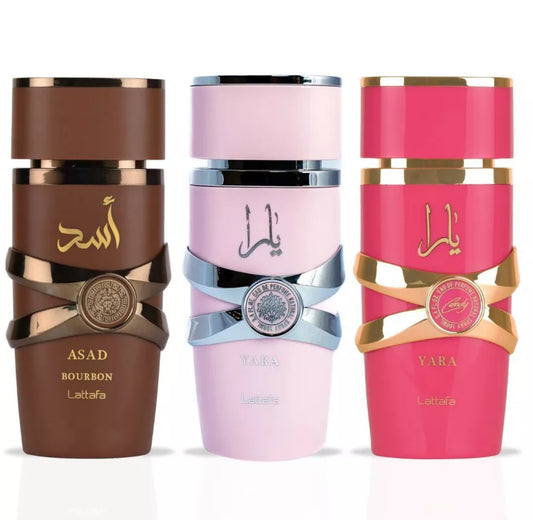 Yara, Yara Candy, Asad Bourbon EDP Sprays 100ML (3.4 OZ) By Lattafa (BUNDLE)