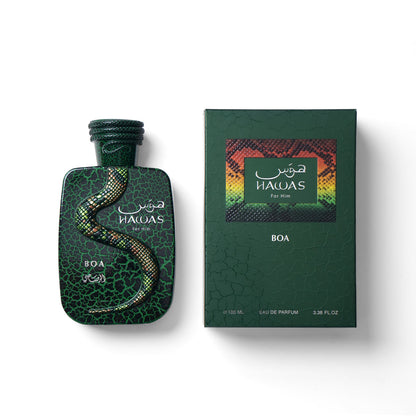 Rasasi Hawas Boa Eau de Parfum 100ml bottle and box shown together, with a green crackled-texture glass bottle featuring a bronze and gold snake design beside its matching green snakeskin-pattern gift box