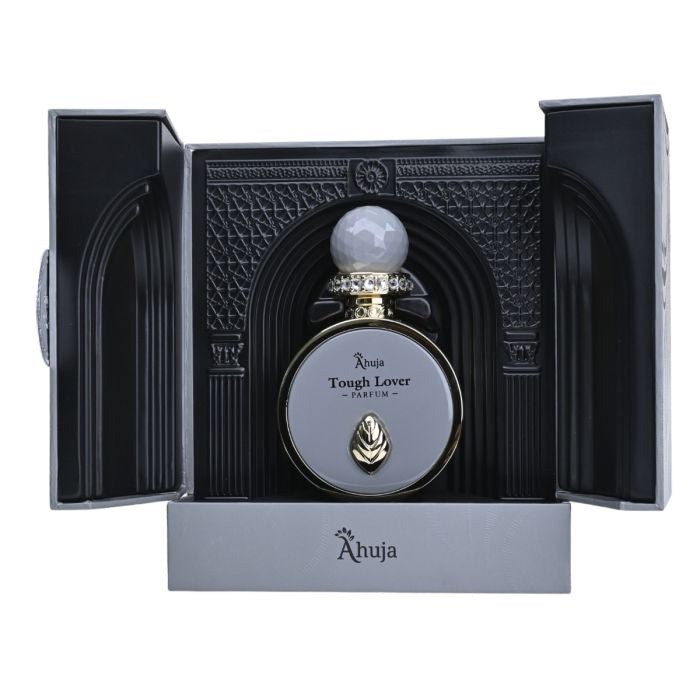 Tough Lover by Ahuja Parfum bottle displayed open in its black presentation box