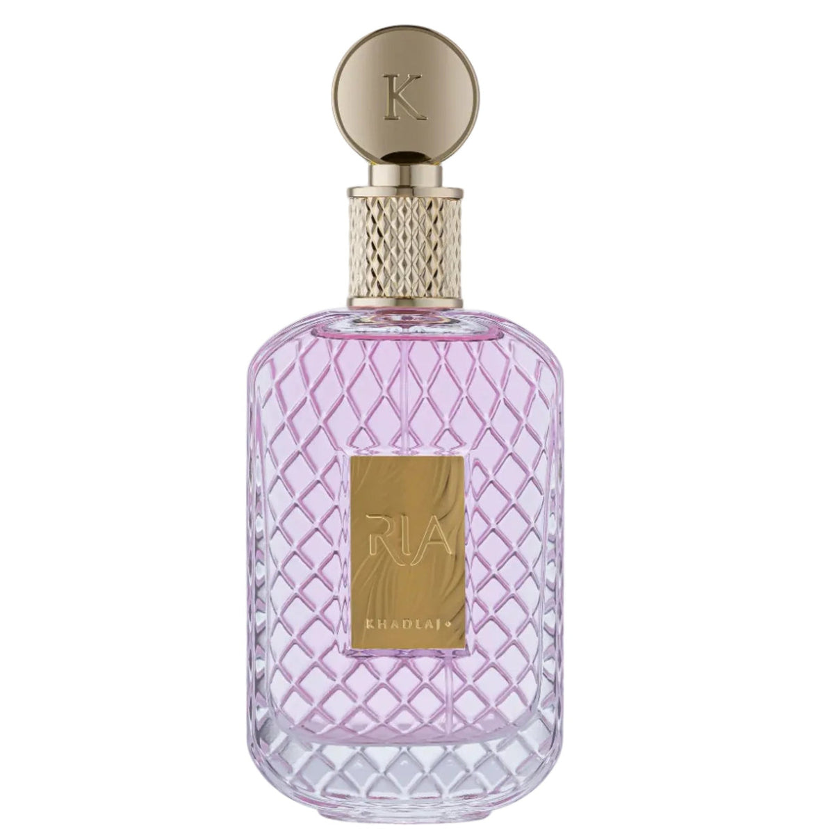Khadlaj Ria Eau de Parfum 100ml bottle, pink diamond-quilted glass with a gold cap engraved with a K monogram and a gold RIA Khadlaj label