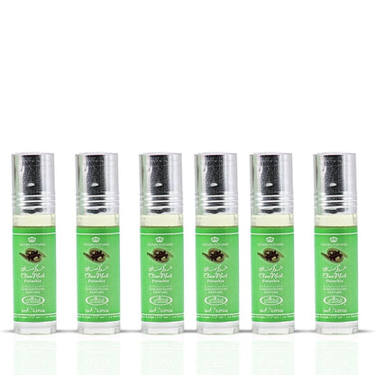 Al Rehab Choco Musk Pistachio Perfume Oil box of 6, bottles shown