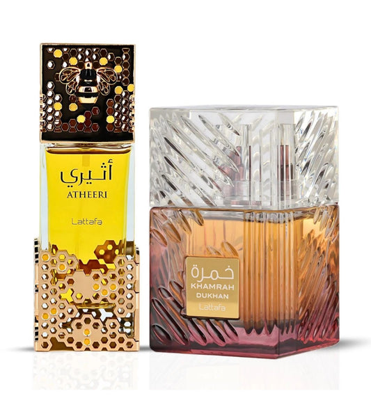 Khamrah Dukhan & Atheeri Eau De Parfum Sprays 100ML (3.4 OZ) by Lattafa (Bundle)