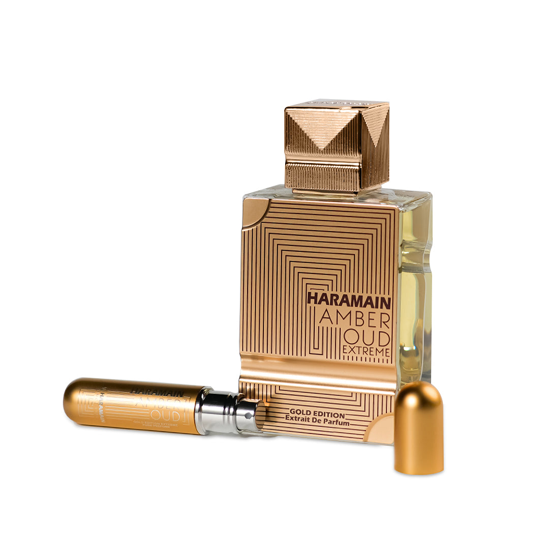 Al Haramain Amber Oud Gold Edition Extreme Extrait de Parfum 2.0 oz / 60 ml bottle with travel atomizer